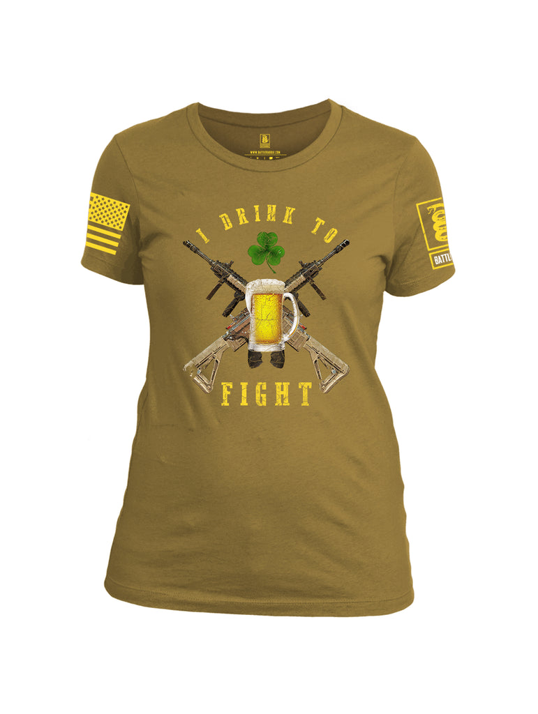 Battleraddle I Drink To Fight Yellow Sleeve Print Womens Cotton Crew Neck T Shirt