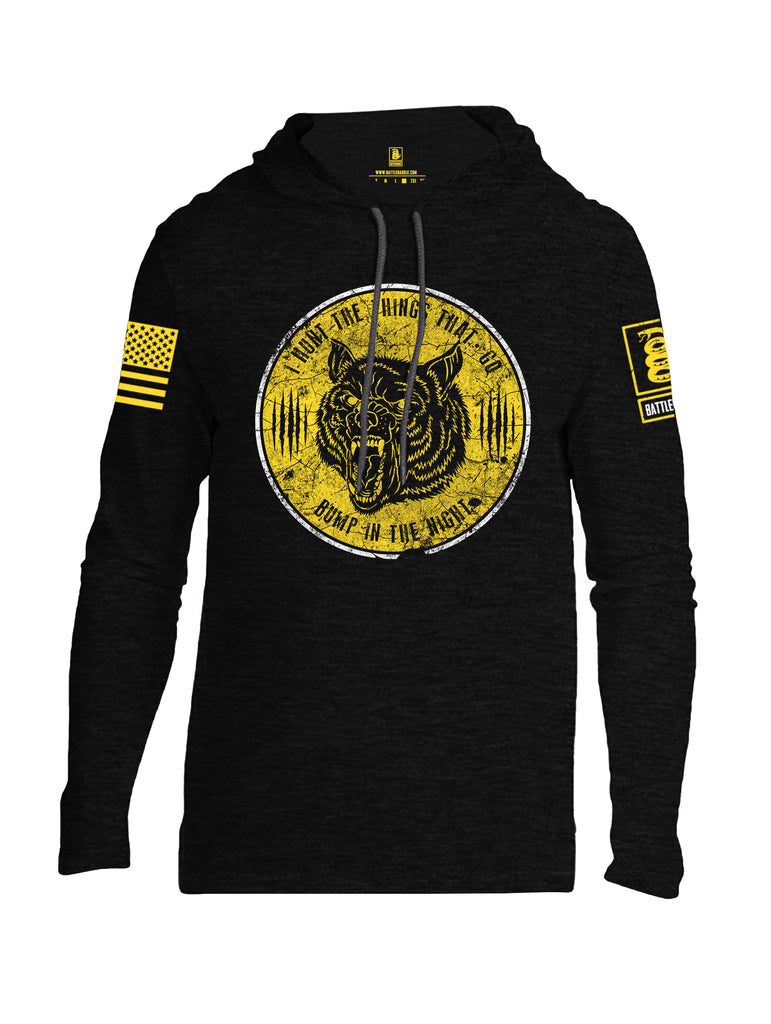 Battleraddle I Hunt The Things That Go Bump In The Night Yellow Sleeve Print Mens Thin Cotton Lightweight Hoodie