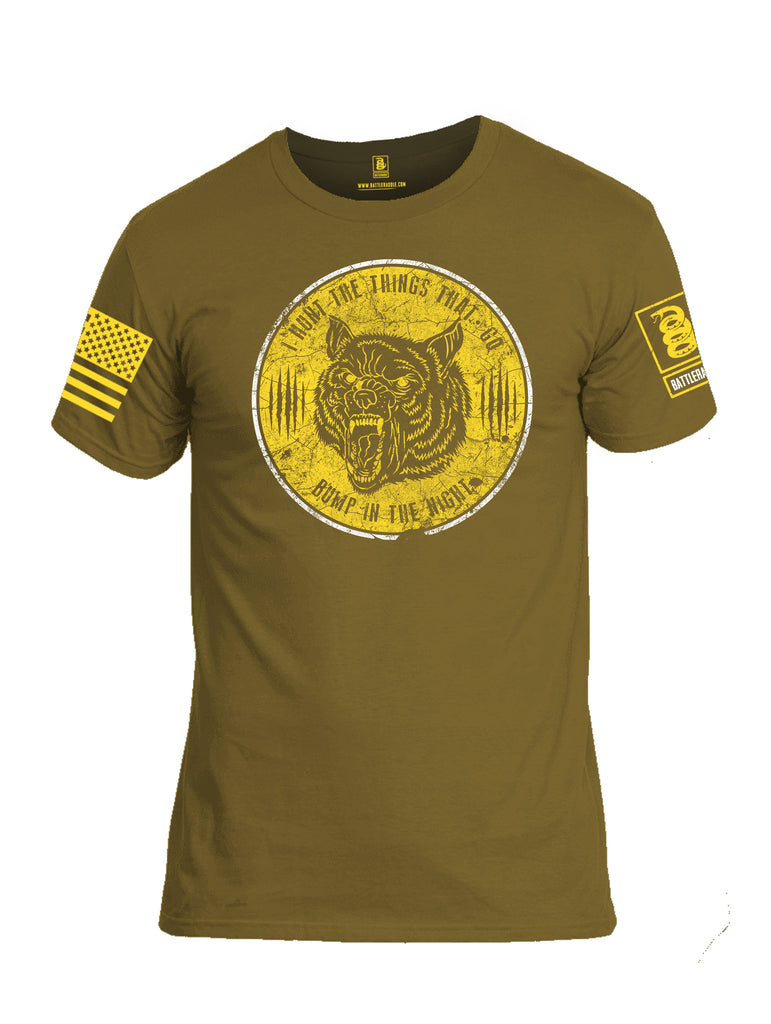 Battleraddle I Hunt The Things That Go Bump In The Night Yellow Sleeve Print Mens Cotton Crew Neck T Shirt