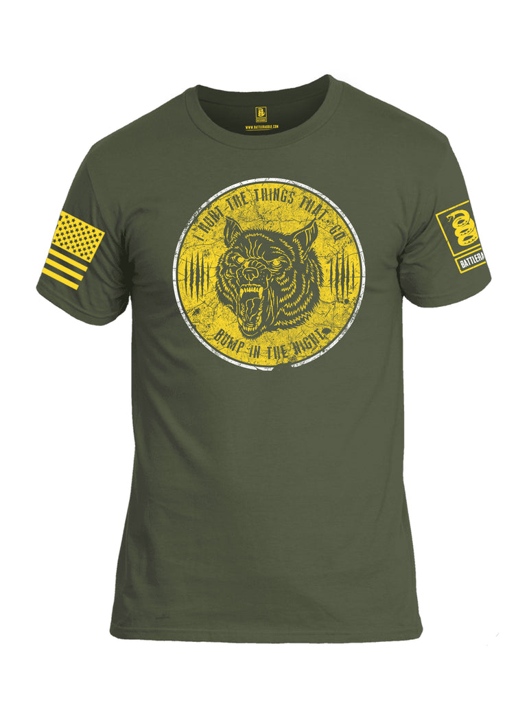 Battleraddle I Hunt The Things That Go Bump In The Night Yellow Sleeve Print Mens Cotton Crew Neck T Shirt