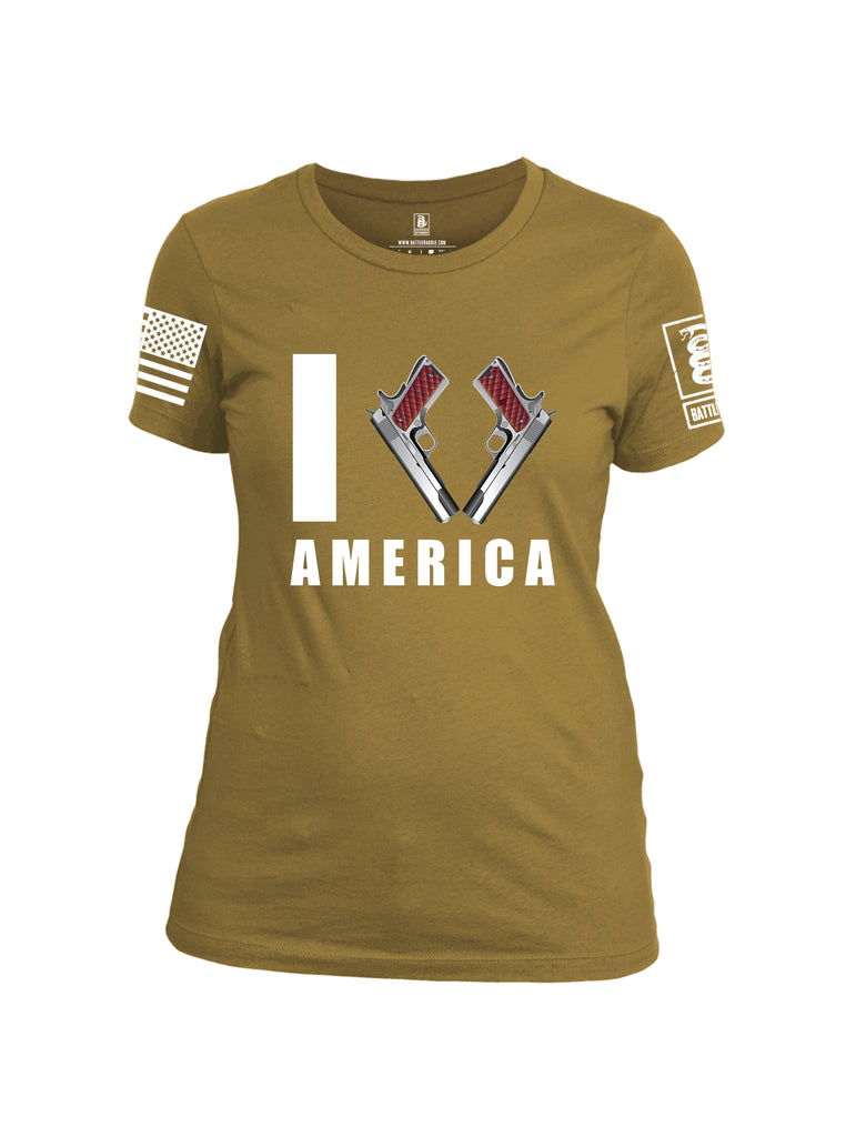 Battleraddle I Love America White Sleeve Print Womens Cotton Crew Neck T Shirt