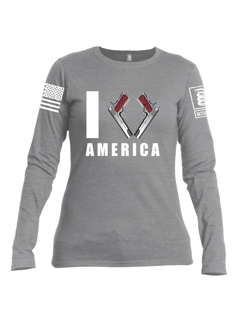 Battleraddle I Love America White Sleeve Print Womens Cotton Long Sleeve Crew Neck T Shirt