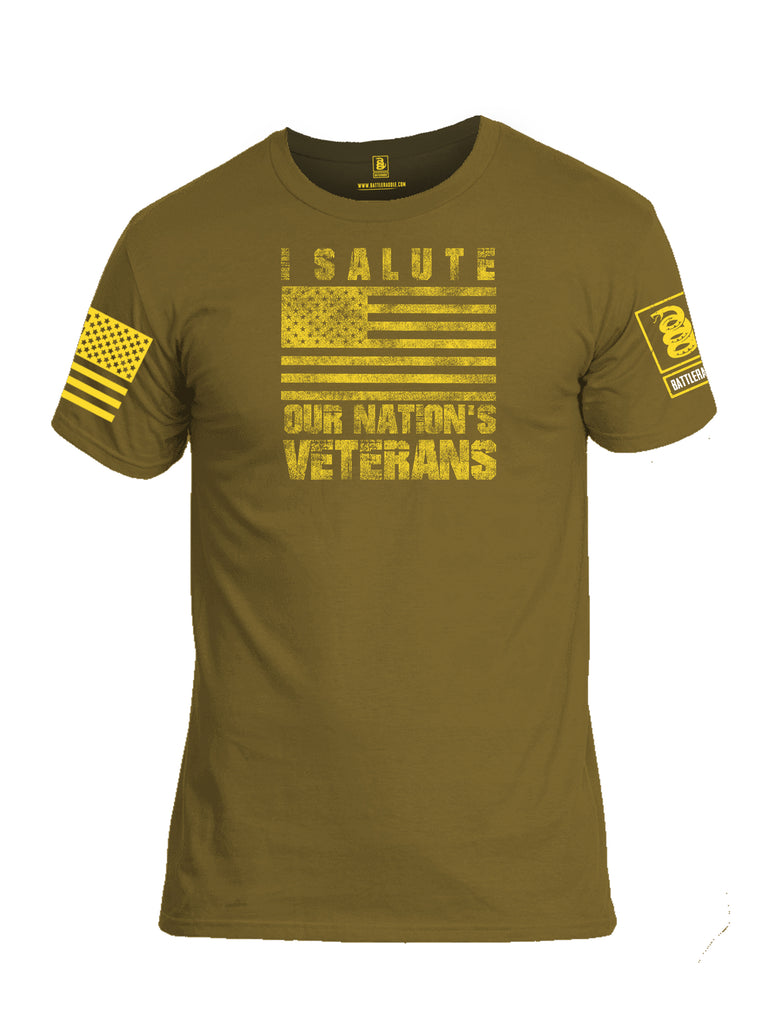 Battleraddle I Salute Our Nations Veterans Yellow Sleeve Print Mens Cotton Crew Neck T Shirt