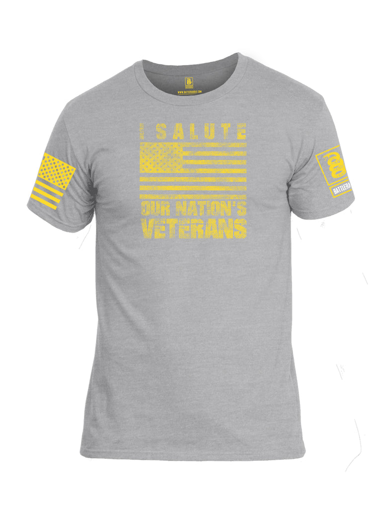 Battleraddle I Salute Our Nations Veterans Yellow Sleeve Print Mens Cotton Crew Neck T Shirt