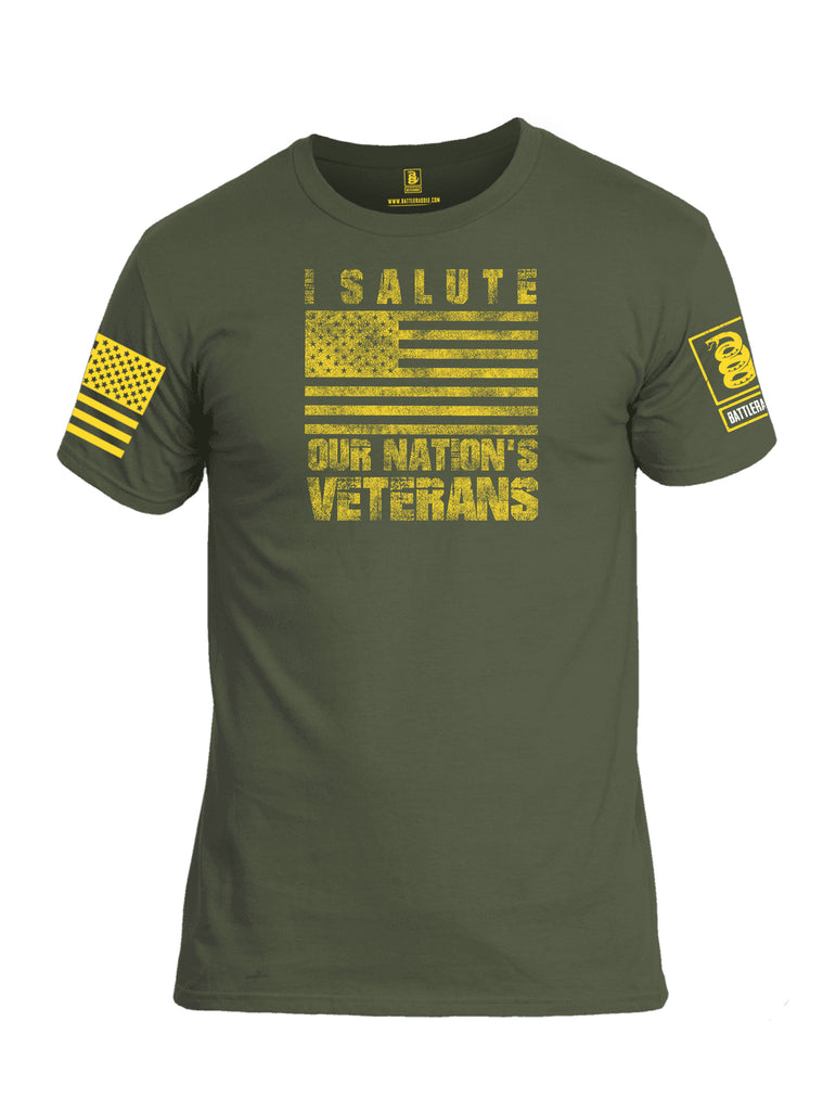 Battleraddle I Salute Our Nations Veterans Yellow Sleeve Print Mens Cotton Crew Neck T Shirt
