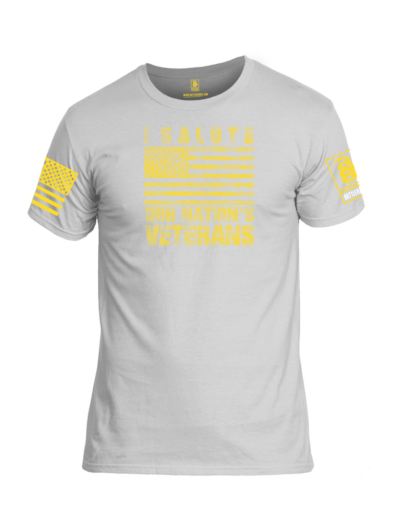 Battleraddle I Salute Our Nations Veterans Yellow Sleeve Print Mens Cotton Crew Neck T Shirt
