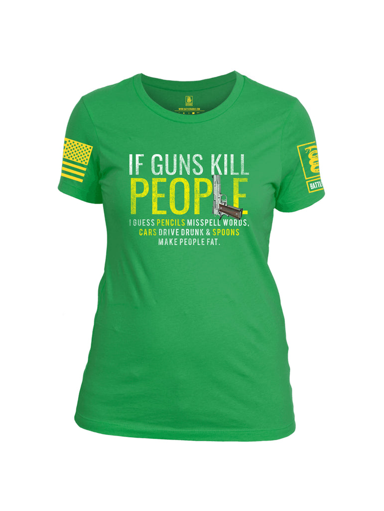 Battleraddle If Guns Kill People Yellow Sleeve Print Womens Cotton Crew Neck T Shirt