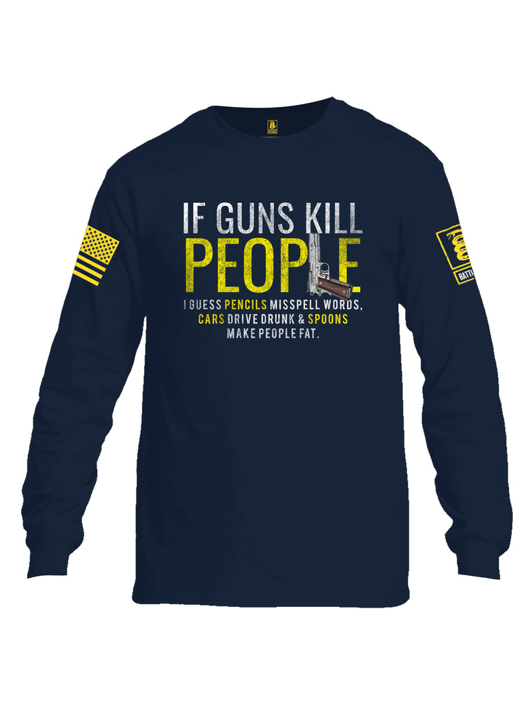 Battleraddle If Guns Kill People Yellow Sleeve Print Mens Cotton Long Sleeve Crew Neck T Shirt