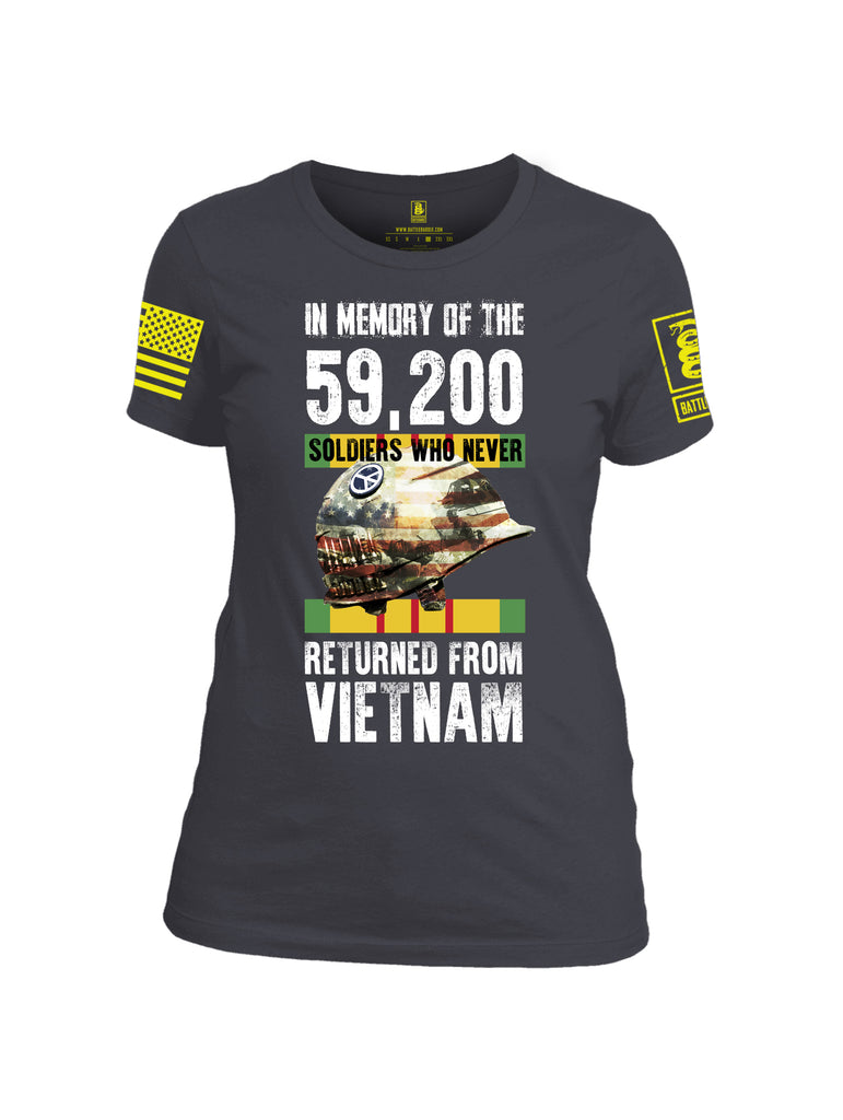 Battleraddle In Memory Of The 59,200 Soldiers Who Never Returned From Vietnam Yellow Sleeve Print Womens Cotton Crew Neck T Shirt