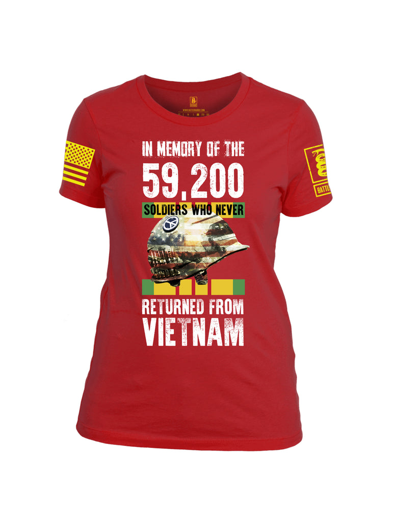 Battleraddle In Memory Of The 59,200 Soldiers Who Never Returned From Vietnam Yellow Sleeve Print Womens Cotton Crew Neck T Shirt