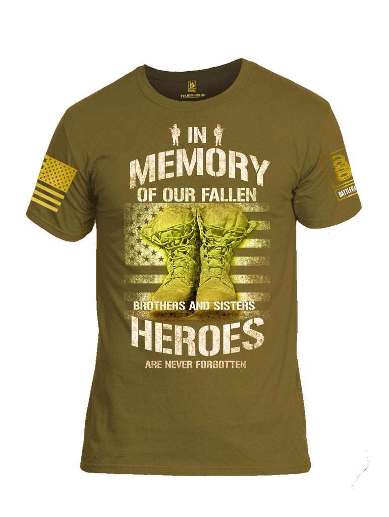 Battleraddle In Memory Of Our Fallen Brothers And Sisters Heroes Are Never Forgotten Brass Sleeve Print Mens Cotton Crew Neck T Shirt