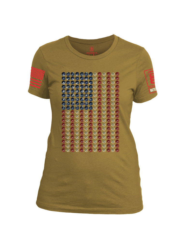 Battleraddle Bullet Casing USA Flag Red Sleeve Print Womens Cotton Crew Neck T Shirt