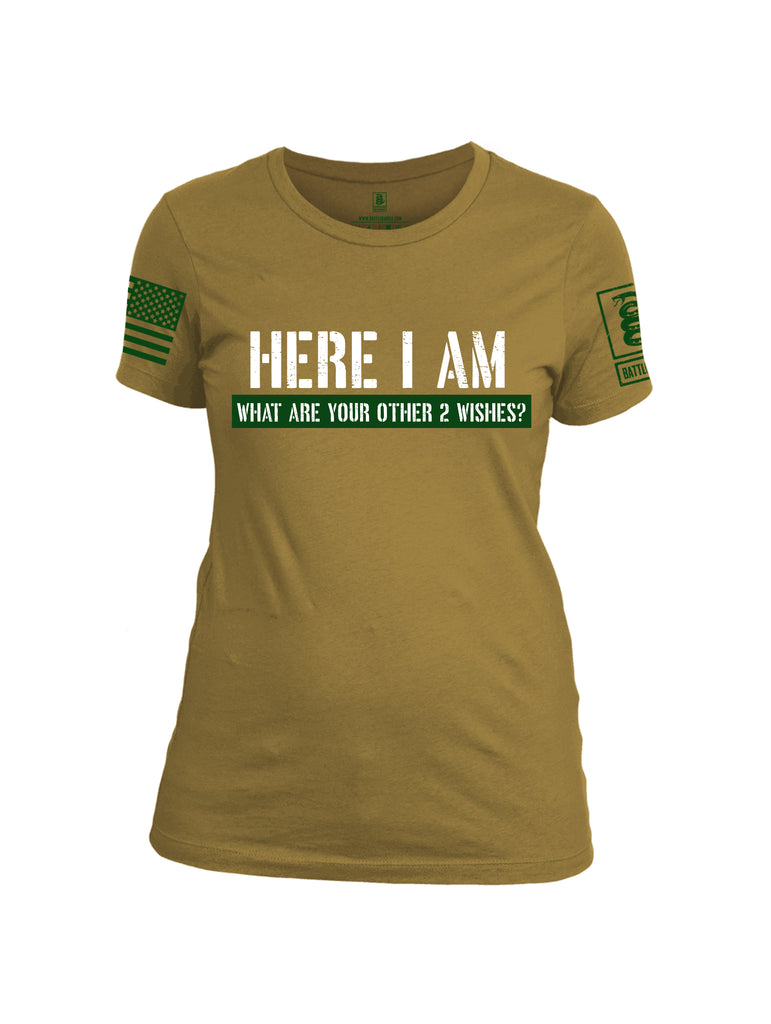 Battleraddle Here I Am What Are Your Other 2 Wishes? Dark Green Sleeve Print Womens Cotton Crew Neck T Shirt