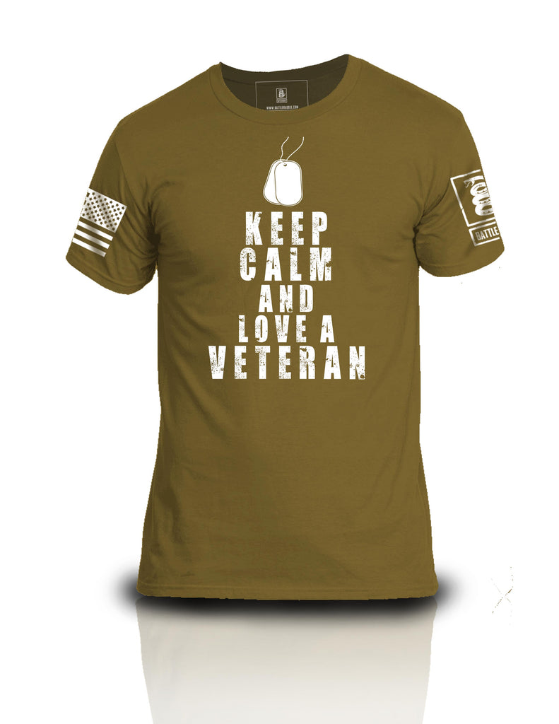 Battleraddle Keep Calm And Love A Veteran White Sleeve Print Mens Cotton Crew Neck T Shirt