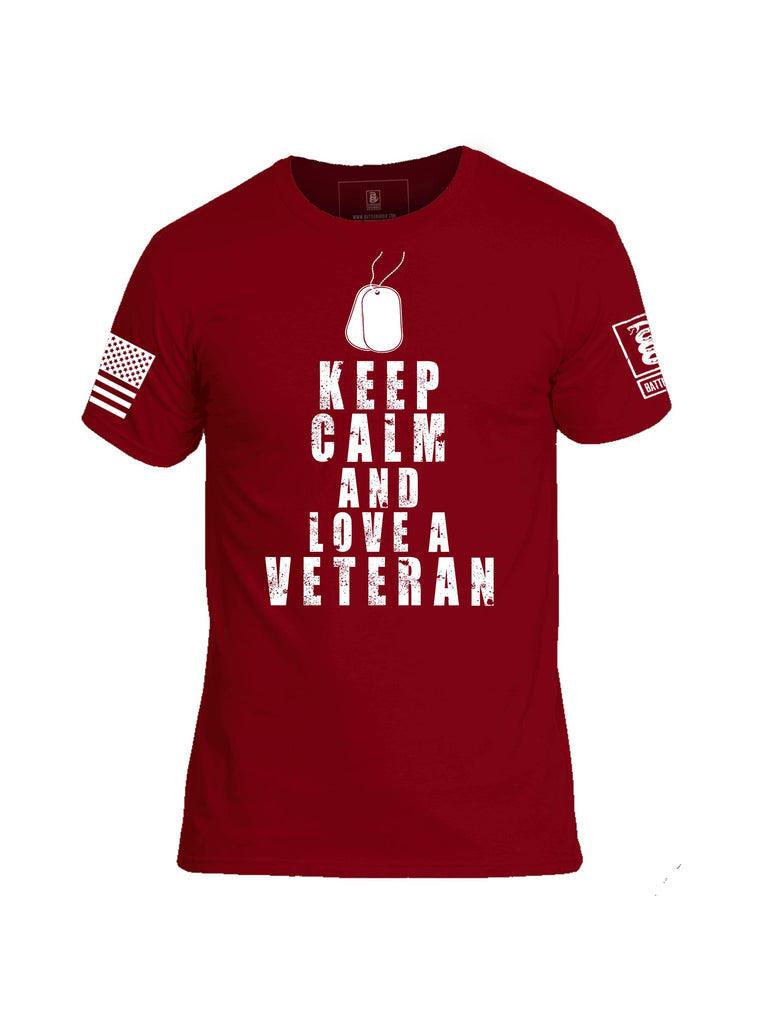 Battleraddle Keep Calm And Love A Veteran White Sleeve Print Mens Cotton Crew Neck T Shirt