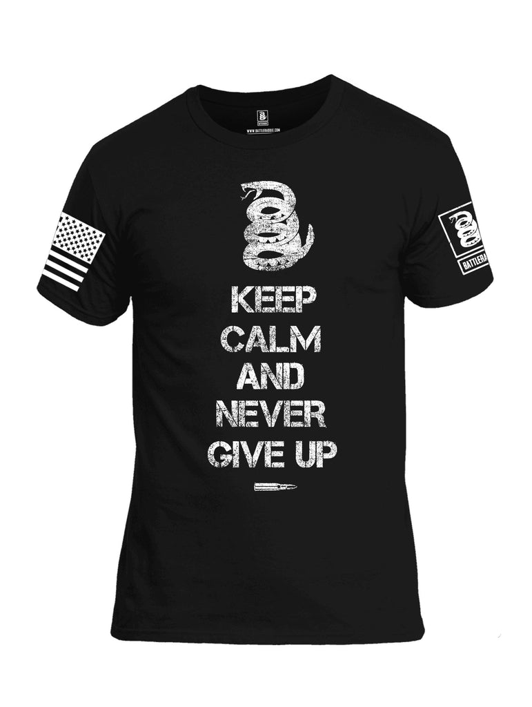 Battleraddle Keep Calm And Never Give Up White Sleeve Print Mens Cotton Crew Neck T Shirt