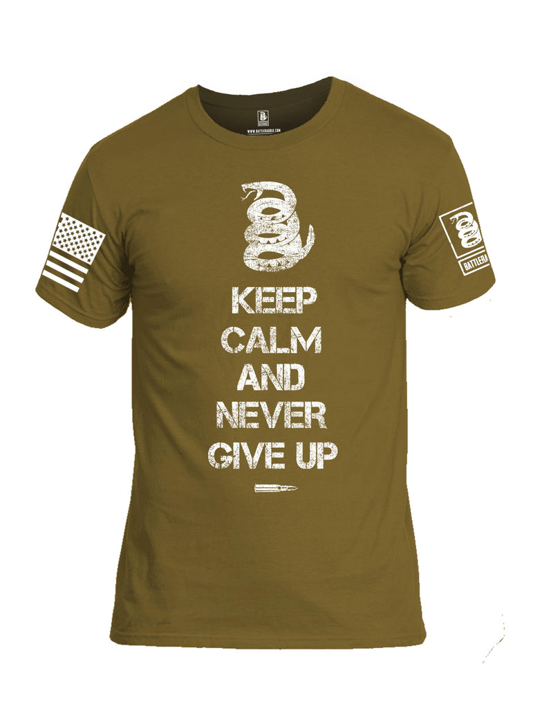 Battleraddle Keep Calm And Never Give Up White Sleeve Print Mens Cotton Crew Neck T Shirt