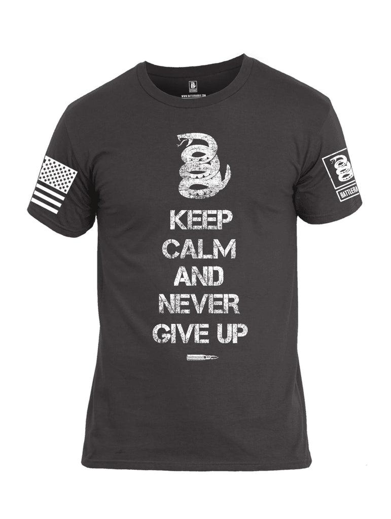 Battleraddle Keep Calm And Never Give Up White Sleeve Print Mens Cotton Crew Neck T Shirt