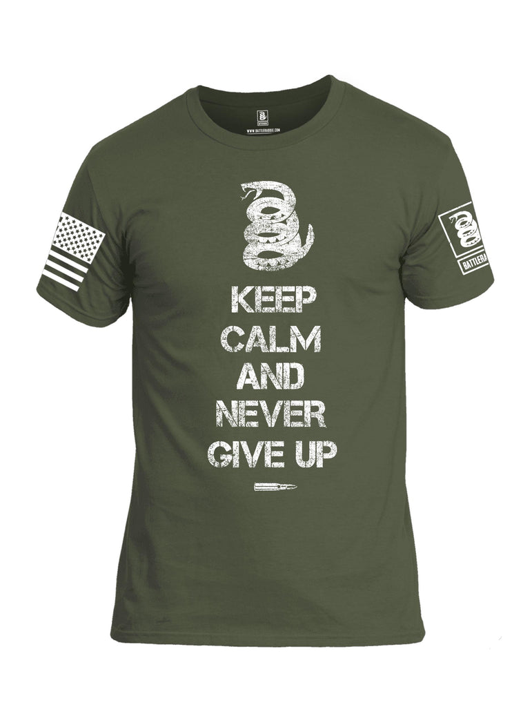 Battleraddle Keep Calm And Never Give Up White Sleeve Print Mens Cotton Crew Neck T Shirt
