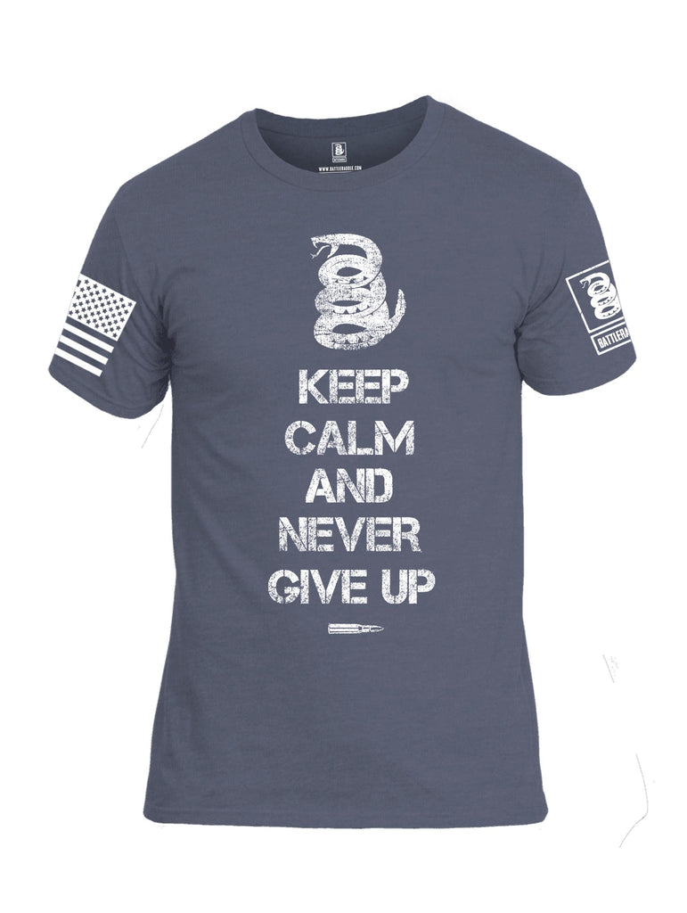 Battleraddle Keep Calm And Never Give Up White Sleeve Print Mens Cotton Crew Neck T Shirt