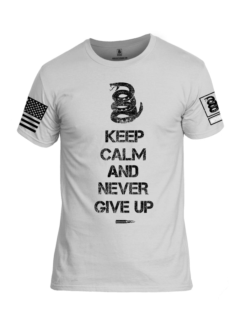 Battleraddle Keep Calm And Never Give Up White Sleeve Print Mens Cotton Crew Neck T Shirt