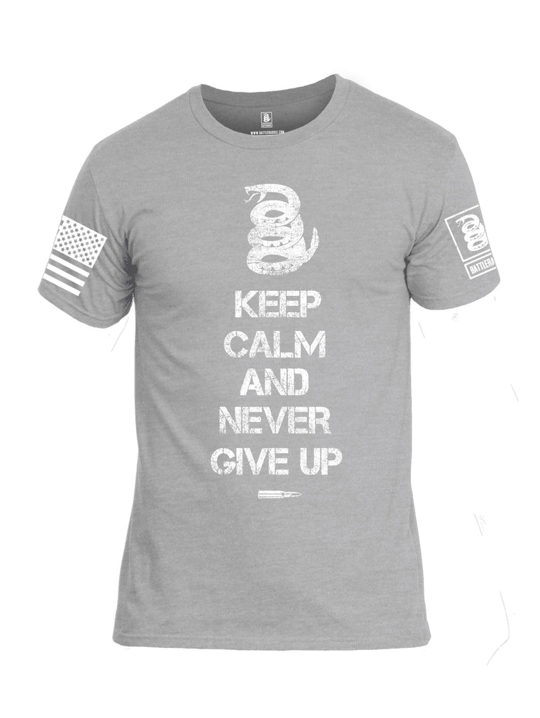 Battleraddle Keep Calm And Never Give Up White Sleeve Print Mens Cotton Crew Neck T Shirt