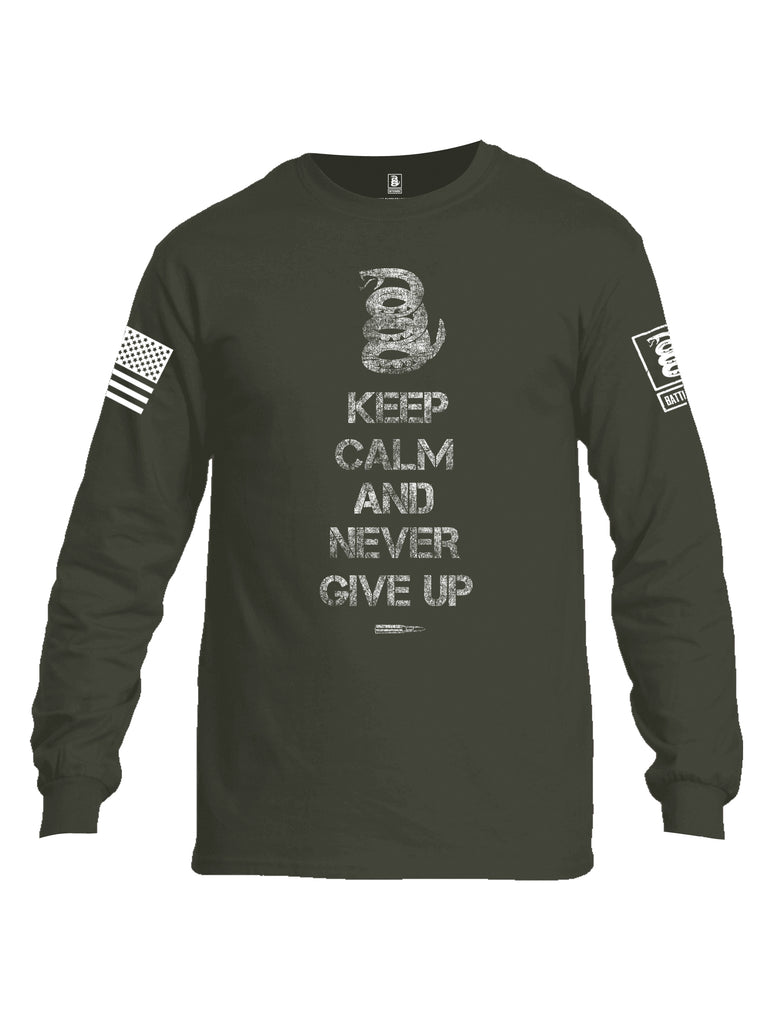Battleraddle Keep Calm And Never Give Up White Sleeve Print Mens Cotton Long Sleeve Crew Neck T Shirt