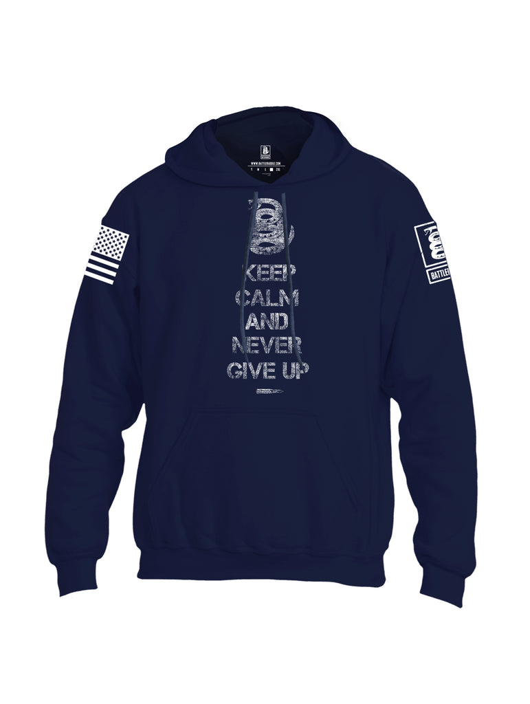 Battleraddle Keep Calm And Never Give Up White Sleeve Print Mens Blended Hoodie With Pockets