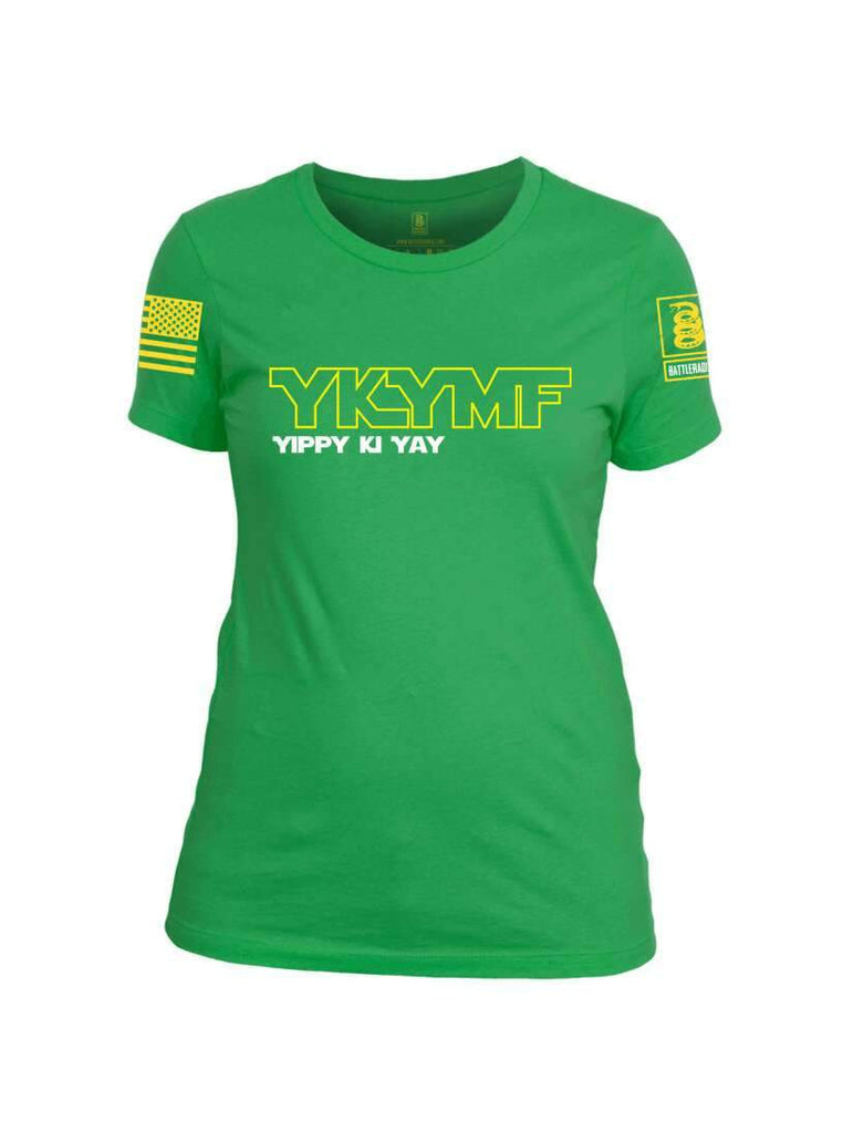Battleraddle YKYMF Yippy Ki Yay Yellow Sleeve Print Womens Cotton Crew Neck T Shirt shirt|custom|veterans|Apparel-Womens T Shirt-cotton