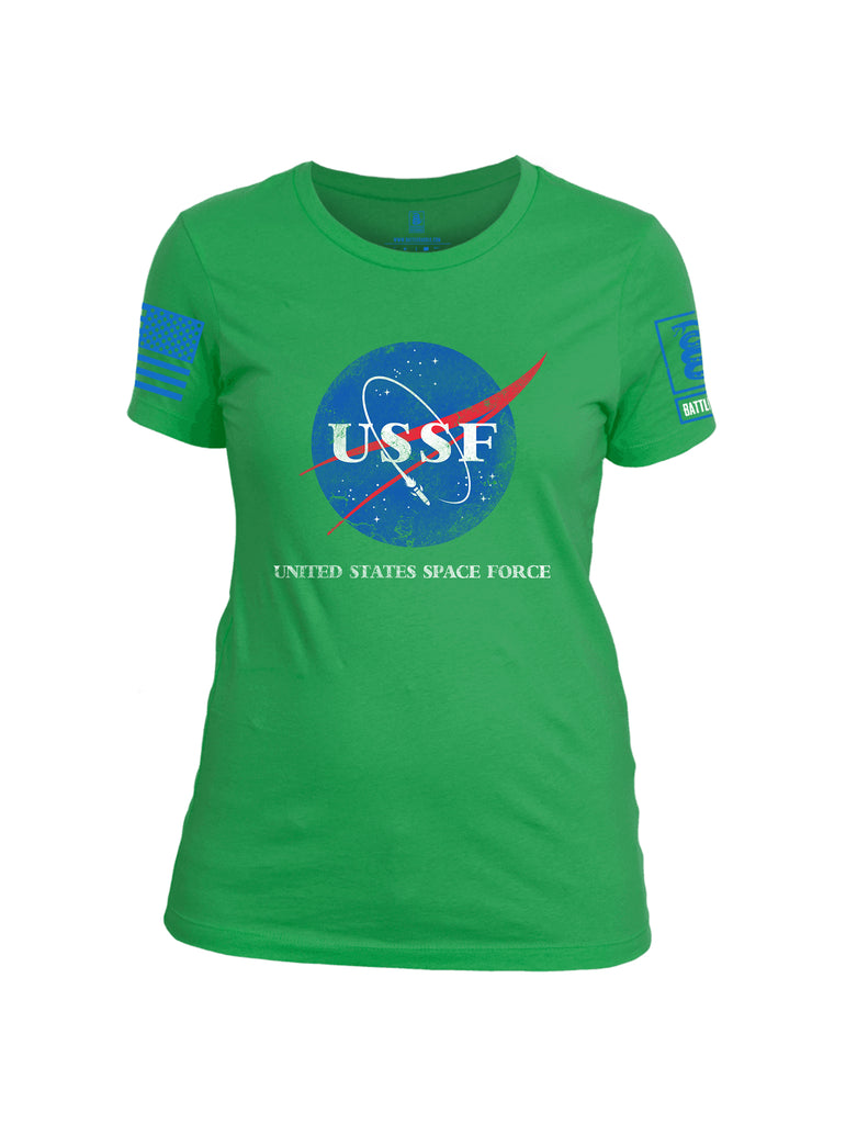 Battleraddle United States Space Force Blue Sleeve Print Womens Cotton Crew Neck T Shirt