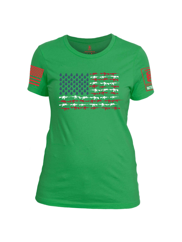 Battleraddle Rifle Gun Flag Red Sleeve Print Womens Cotton Crew Neck T Shirt