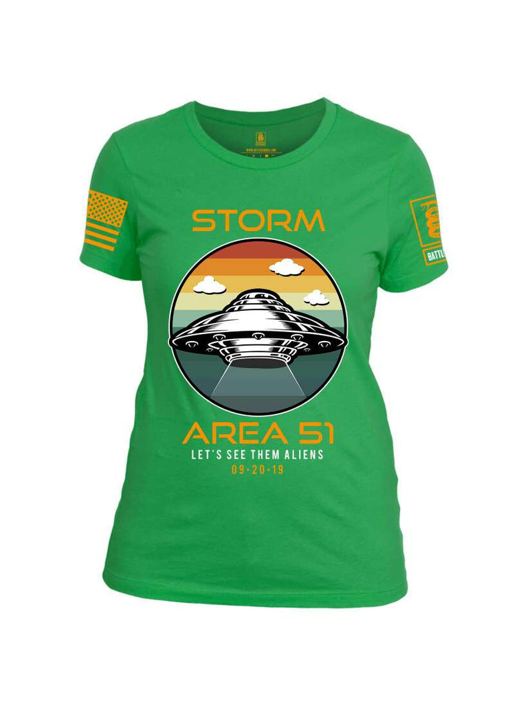 Battleraddle Storm Area 51 Let's See Them Aliens Orange Sleeve Print Womens Cotton Crew Neck T Shirt