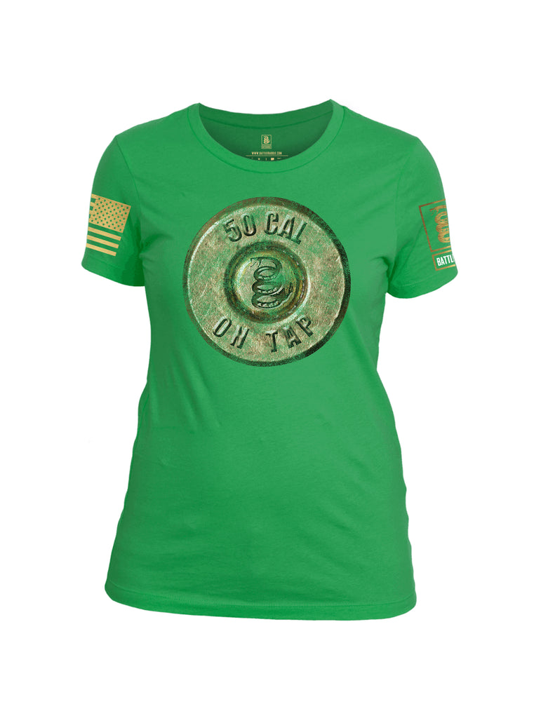 Battleraddle 50 CAL On Tap Brass Sleeve Print Womens Cotton Crew Neck T Shirt