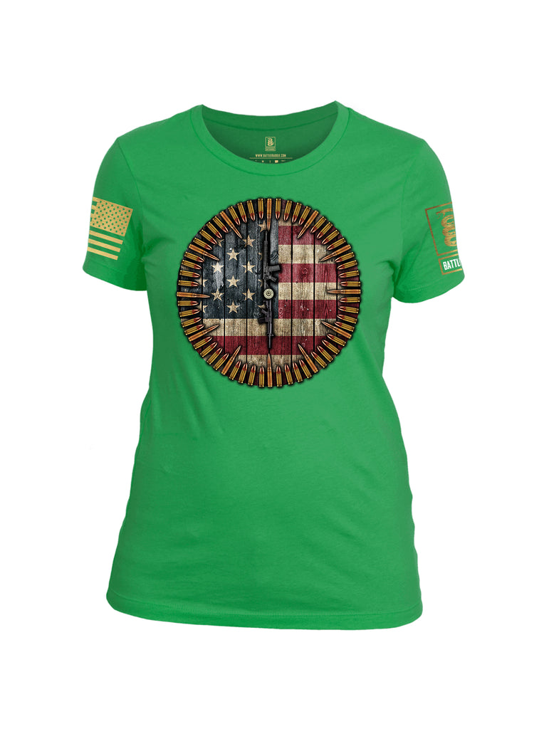 Battleraddle 6 O'clock American Flag Brass Sleeve Print Womens Cotton Crew Neck T Shirt