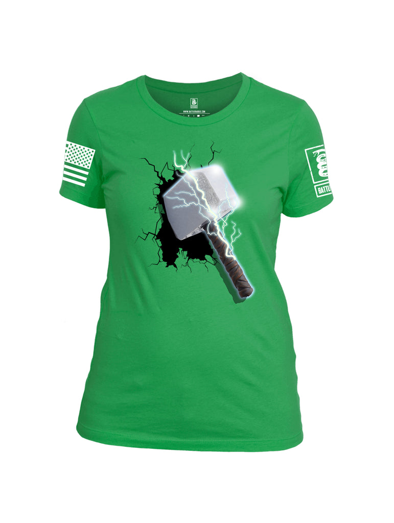 Battleraddle Thorific Hammer White Sleeve Print Womens Cotton Crew Neck T Shirt