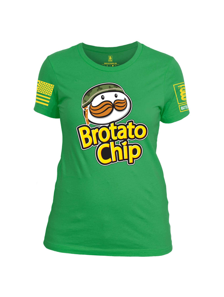 Battleraddle Brotato Chip Yellow Sleeve Print Womens Cotton Crew Neck T Shirt