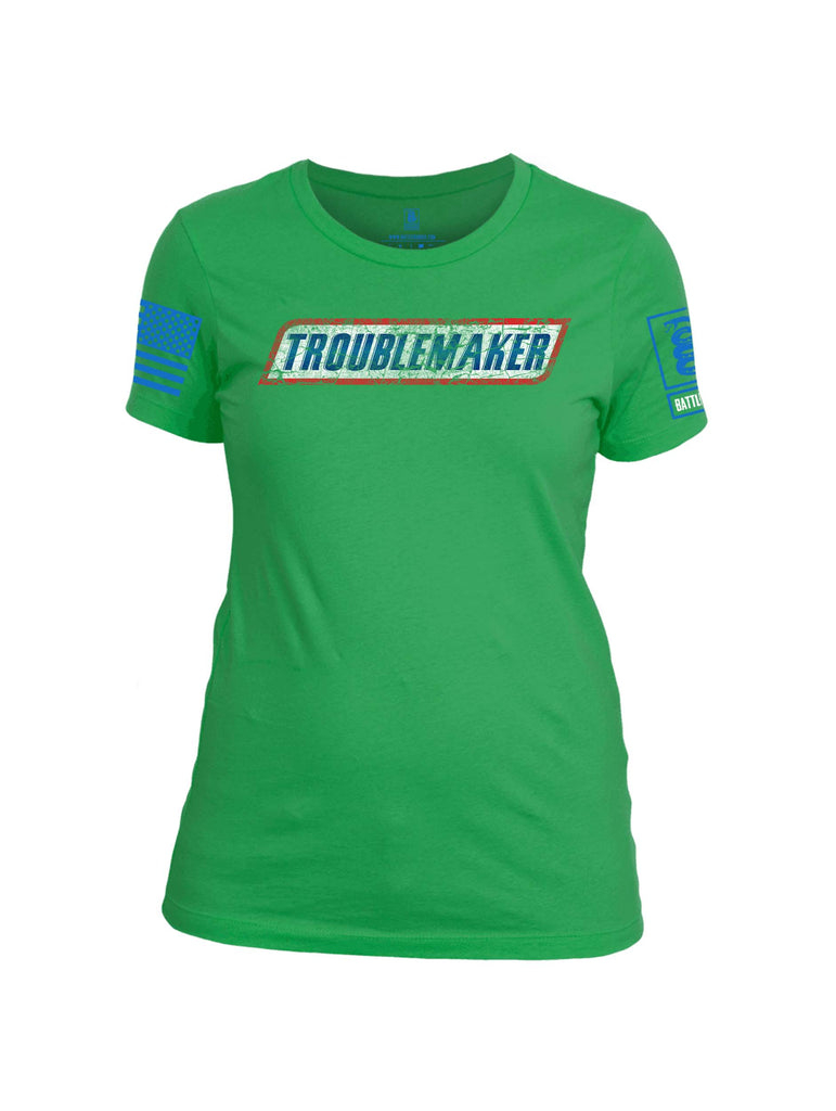 Battleraddle Troublemaker Blue Sleeve Print Womens Cotton Crew Neck T Shirt