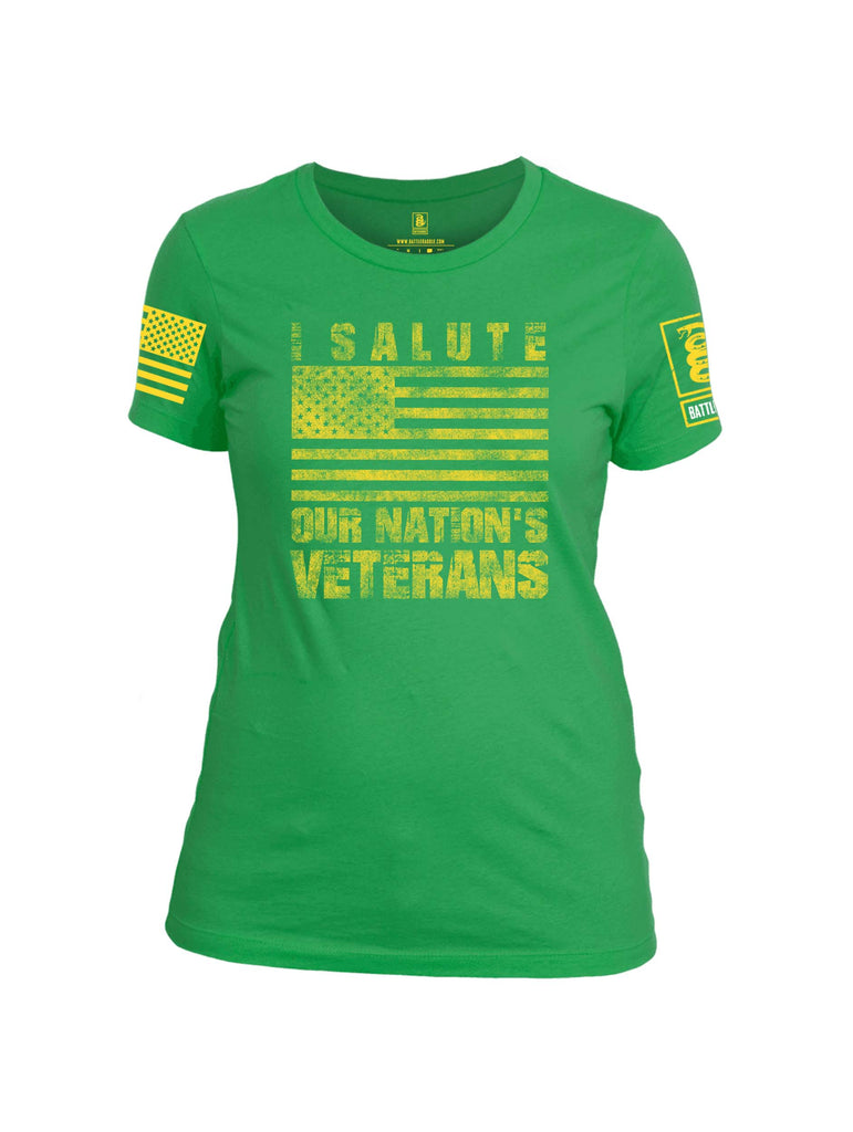 Battleraddle I Salute Our Nation's Veterans Yellow Sleeve Print Womens Cotton Crew Neck T Shirt