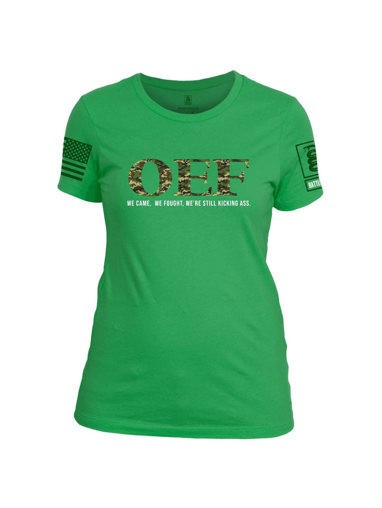 Battleraddle OEF We Came We Fought Were Still Kicking Ass Green Sleeve Print Womens Cotton Crew Neck T Shirt shirt|custom|veterans|Apparel-Womens T Shirt-cotton
