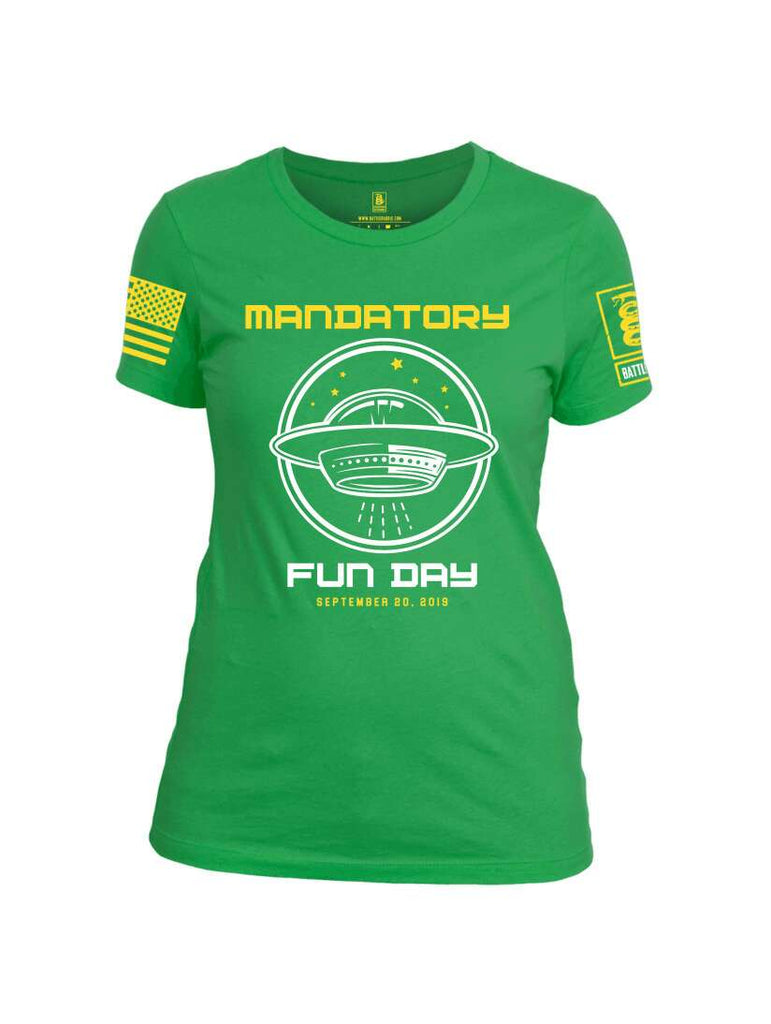 Battleraddle Mandatory Fun Day Yellow Sleeve Print Print Womens Cotton Crew Neck T Shirt