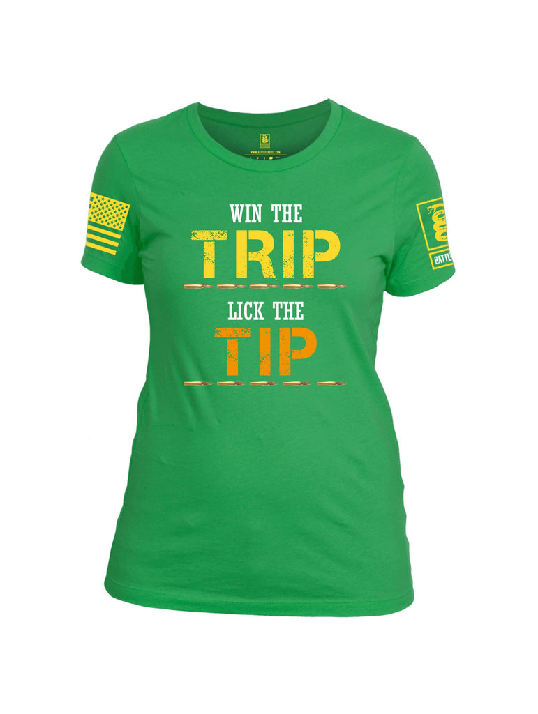 Battleraddle Win The Trip Lick The Tip Yellow Sleeve Print Womens Cotton Crew Neck T Shirt