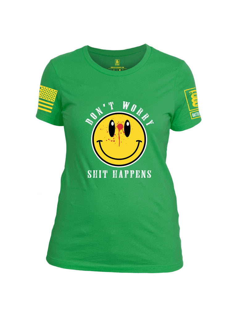 Battleraddle Dont Worry Shit Happens Yellow Sleeve Print Womens Cotton Crew Neck T Shirt