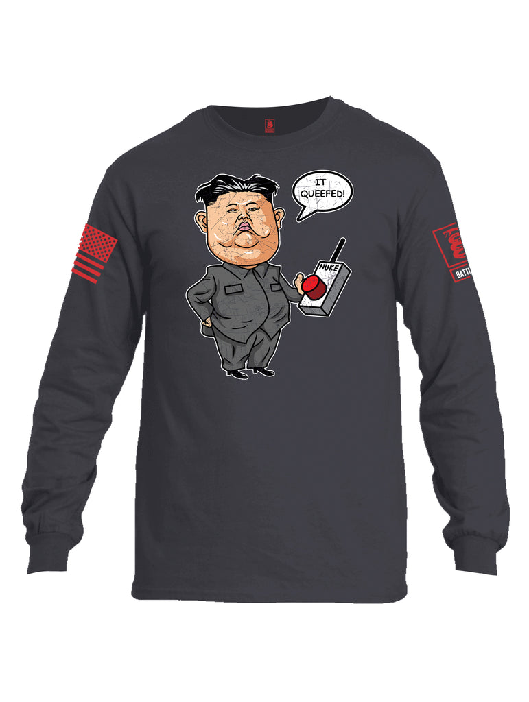 Battleraddle Kim Jong un Nuke Button it Queefed Red Sleeve Print Mens Cotton Long Sleeve Crew Neck T Shirt