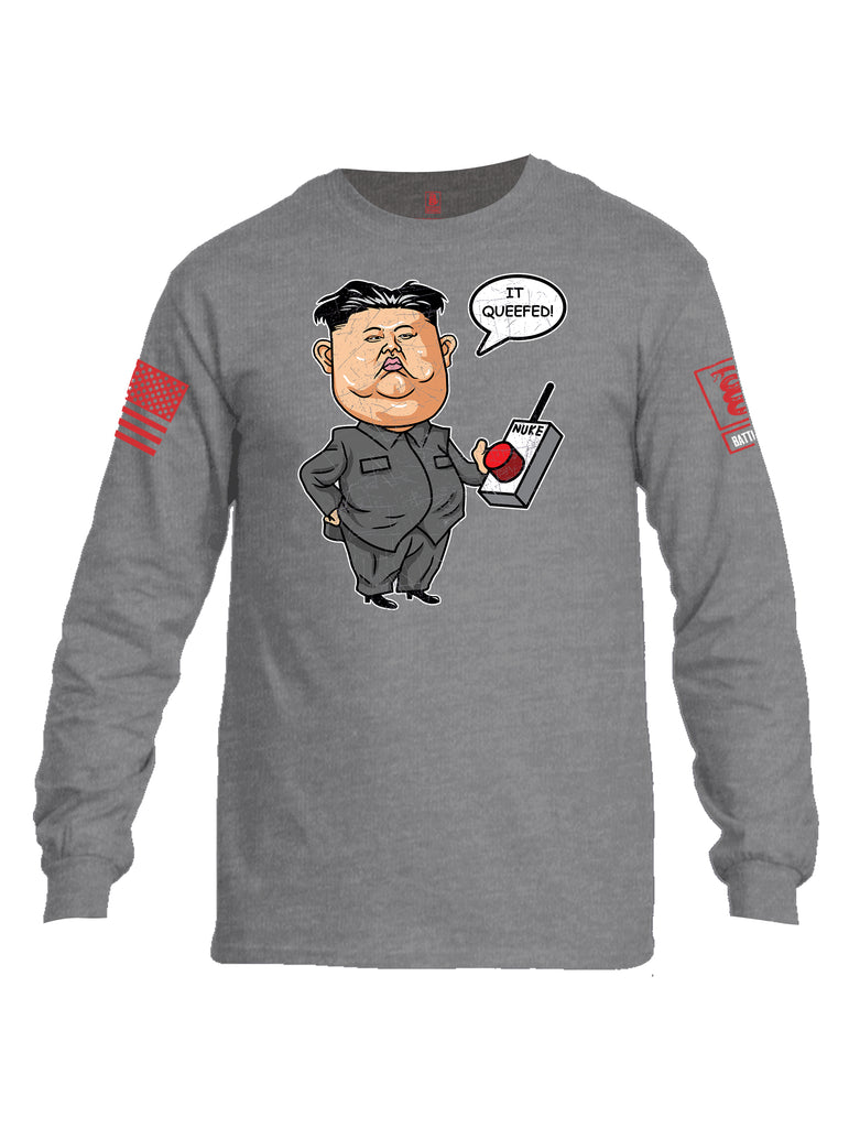 Battleraddle Kim Jong un Nuke Button it Queefed Red Sleeve Print Mens Cotton Long Sleeve Crew Neck T Shirt