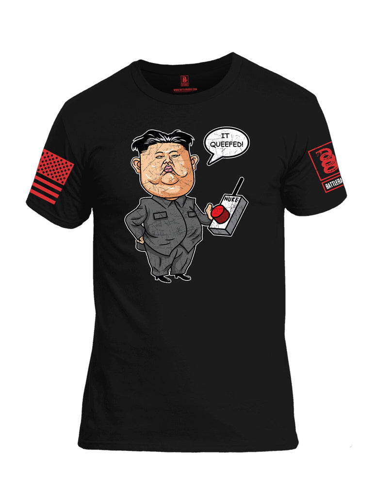 Battleraddle Kim Jong un Nuke Button it Queefed Red Sleeve Print Mens Cotton Crew Neck T Shirt