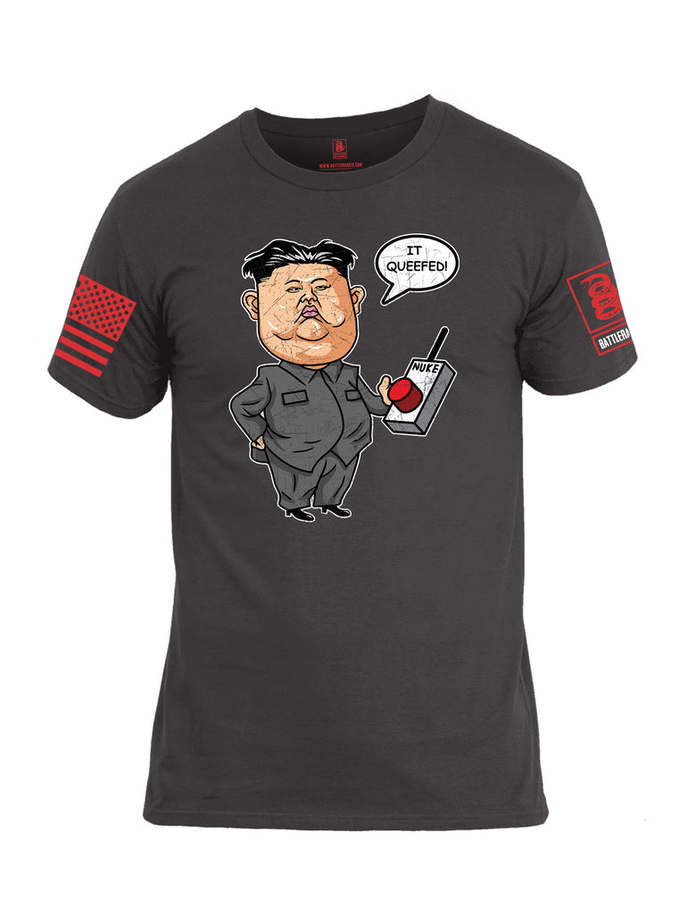 Battleraddle Kim Jong un Nuke Button it Queefed Red Sleeve Print Mens Cotton Crew Neck T Shirt