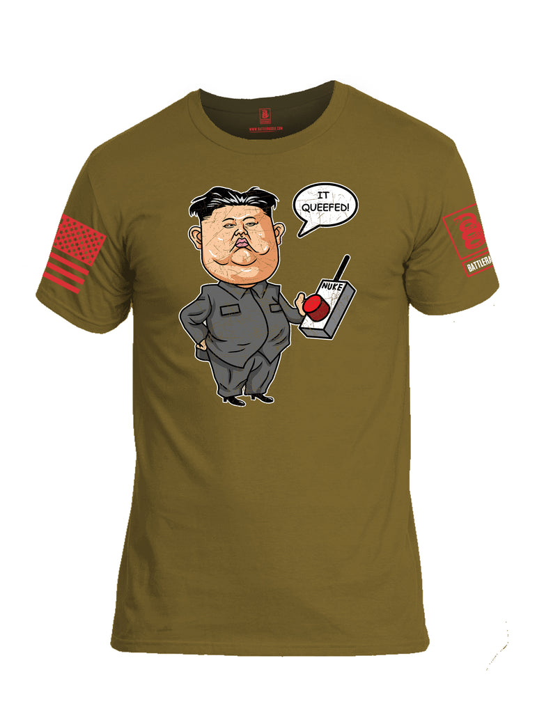 Battleraddle Kim Jong un Nuke Button it Queefed Red Sleeve Print Mens Cotton Crew Neck T Shirt