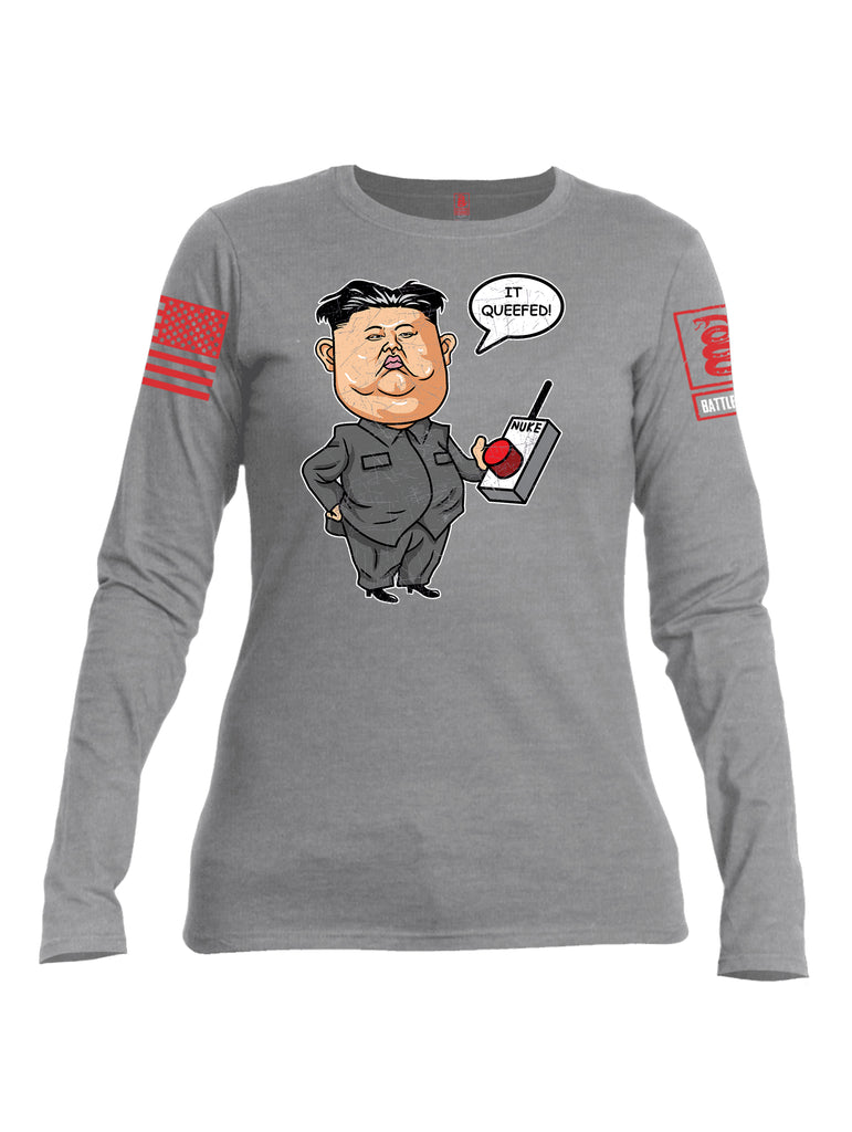 Battleraddle Kim Jong un Nuke Button it Queefed Red Sleeve Print Womens Cotton Long Sleeve Crew Neck T Shirt