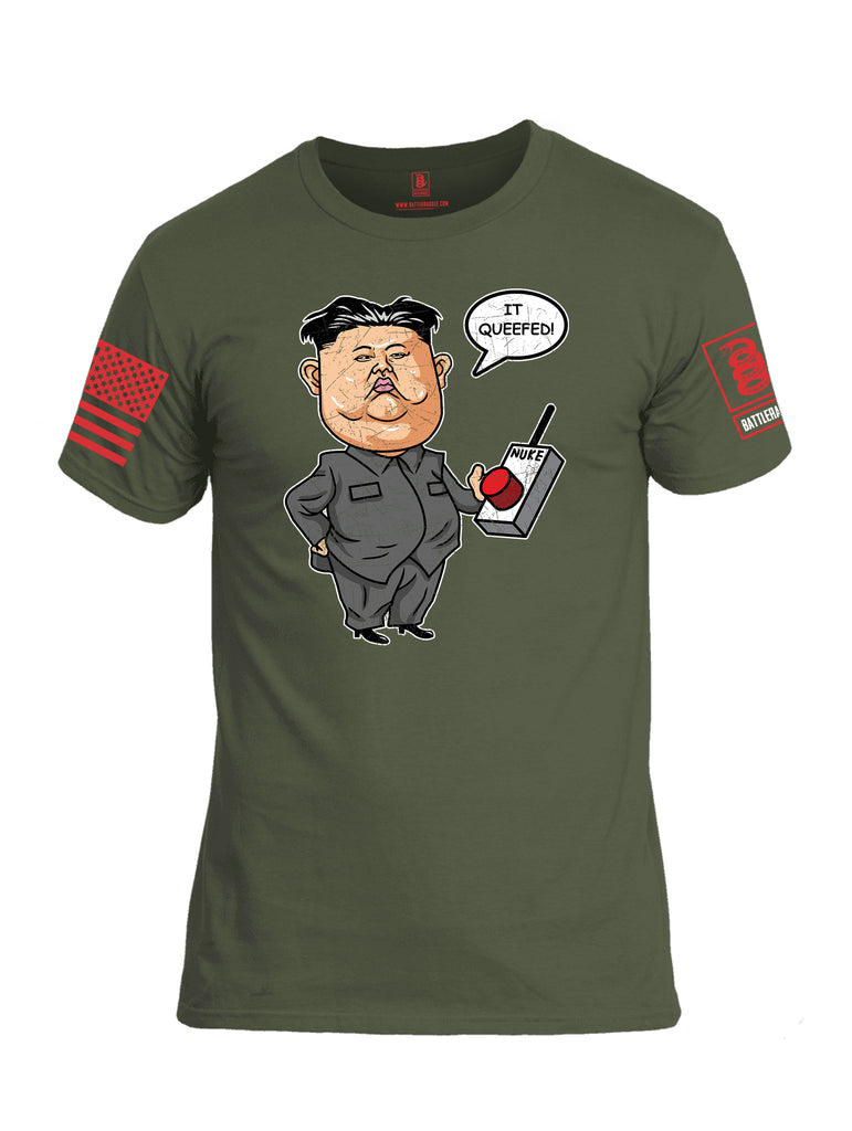 Battleraddle Kim Jong un Nuke Button it Queefed Red Sleeve Print Mens Cotton Crew Neck T Shirt