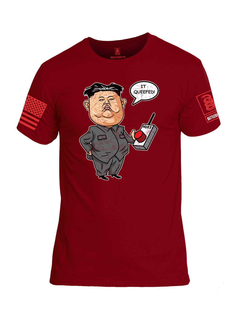 Battleraddle Kim Jong un Nuke Button it Queefed Red Sleeve Print Mens Cotton Crew Neck T Shirt